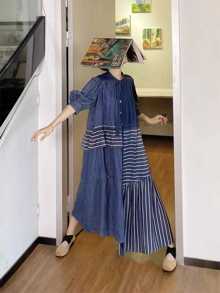 【织雨】春夏新款百搭设计感遮肉显瘦牛仔拼接条纹连衣裙.K50406a