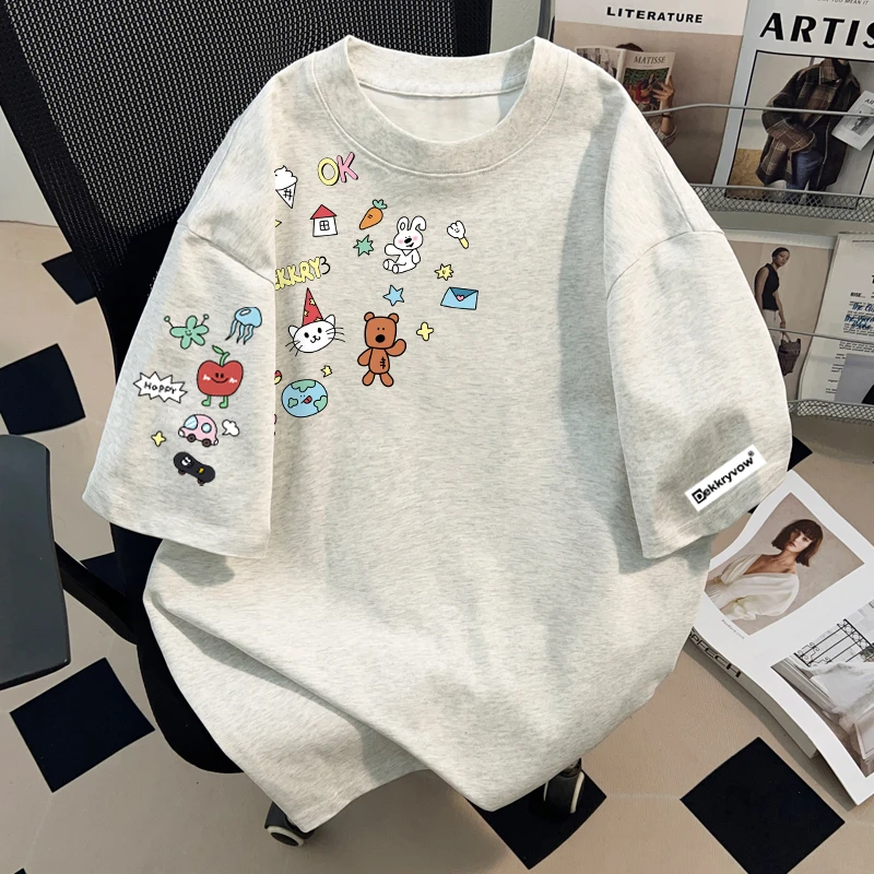 jtrt夏季设计感印花圆领短袖t恤男女宽松休闲小众情侣款纯棉上衣