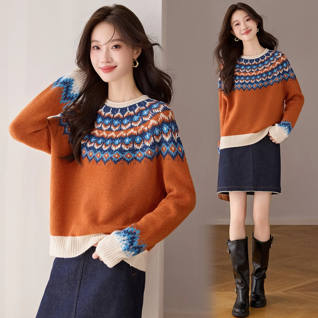 重磅全羊毛100%费尔岛系列羊毛衫圆领提花针织衫秋冬新款毛衣女
