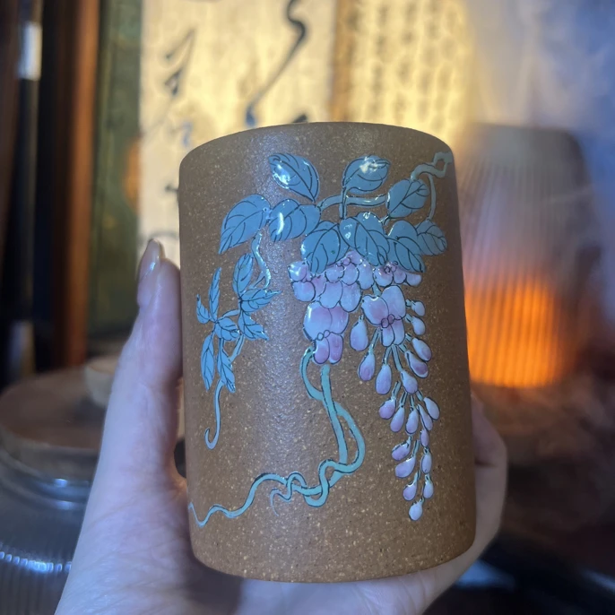 纯手工黄降坡泥—纯手绘珐琅彩紫藤花—少主播特制茶杯