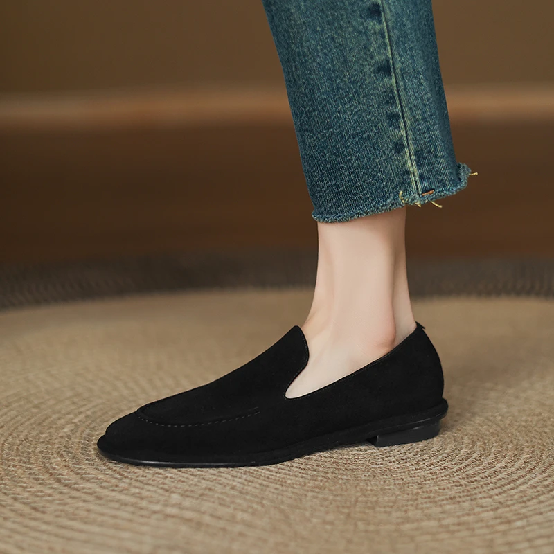 34-40码磨砂羊皮一脚蹬乐福鞋超级柔软平底百搭真皮皮鞋软底黑色