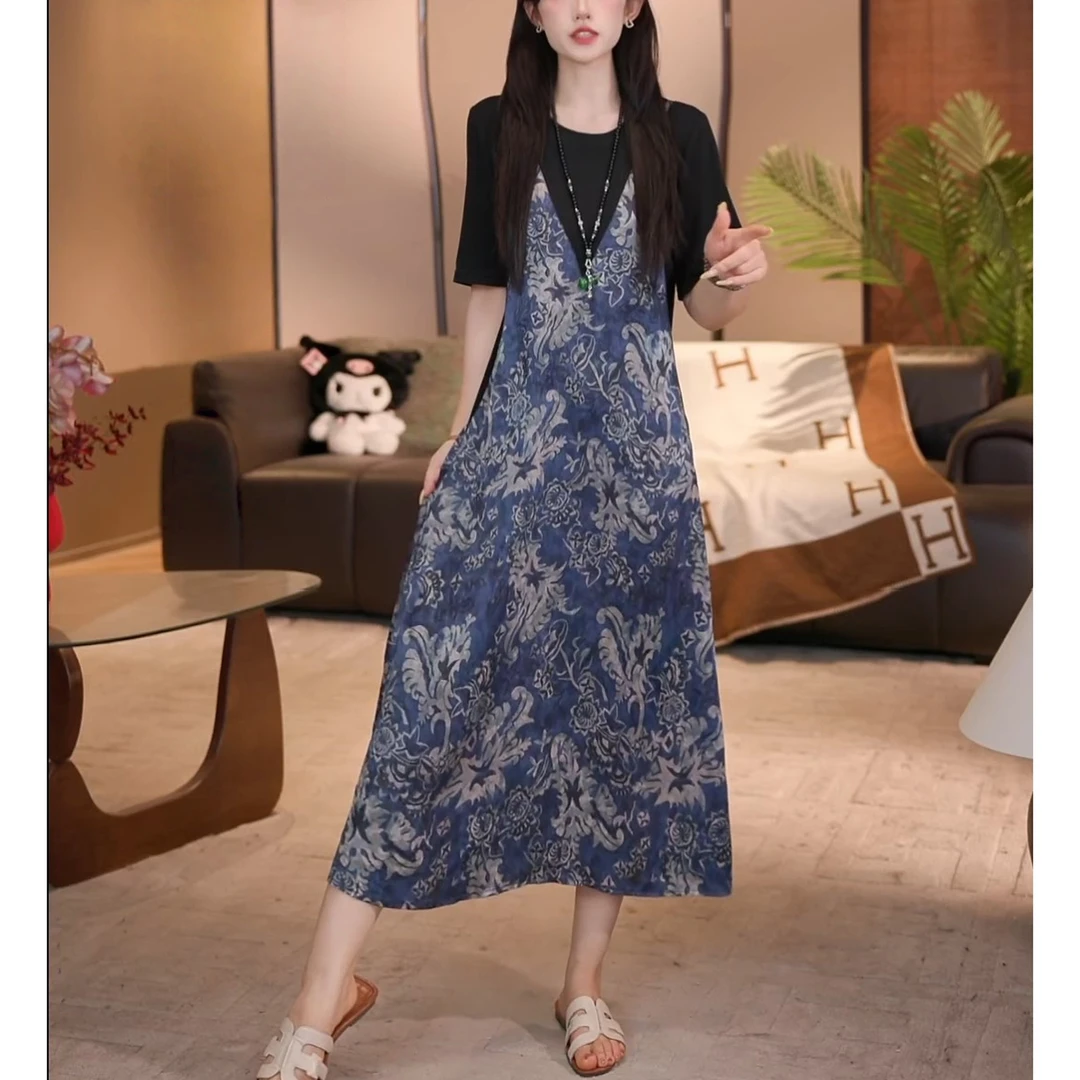 优雅气质百搭碎花复古新中式连衣裙假两件国风时尚显瘦设计中长裙
