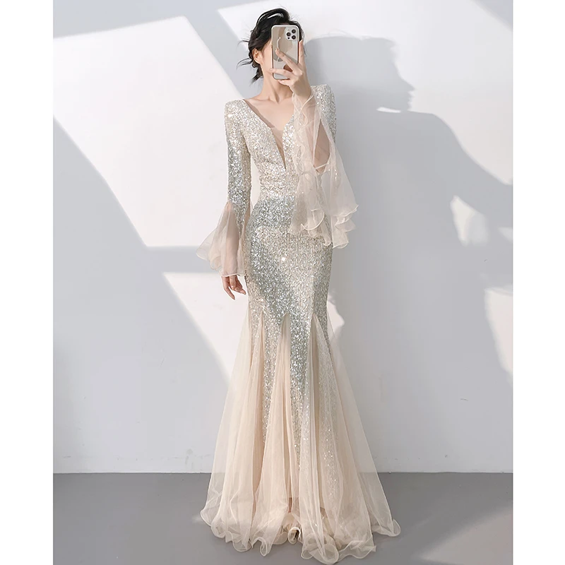 香槟色晚礼服女2025新款高级感轻奢小众高端年会主持人鱼尾裙长袖