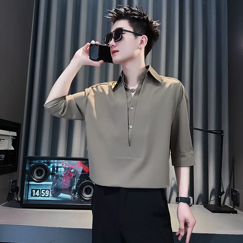 衬衫男士短袖夏季冰丝潮牌男装2025新款衬衣男款七分袖POLO衫上衣