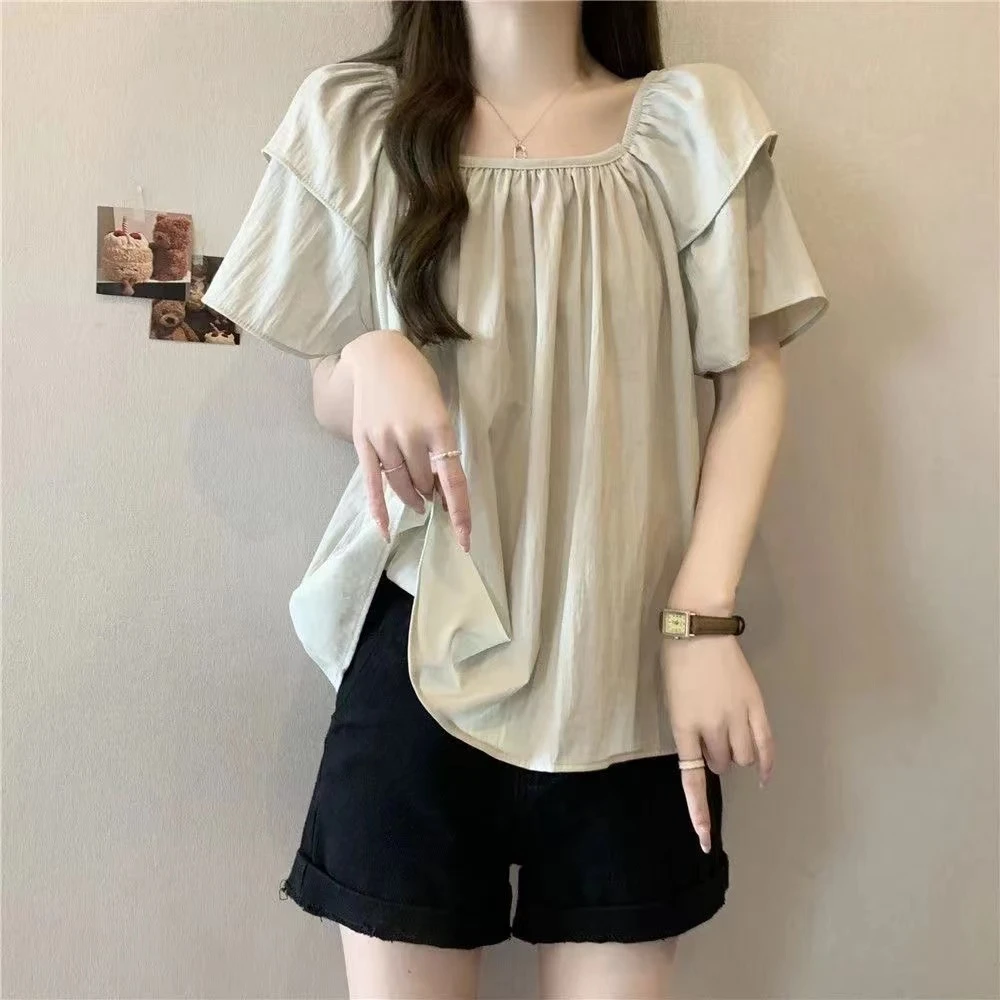 大码气质甜美风复古方领短袖衬衫女胖MM宽松显瘦遮肚薄款百搭夏季