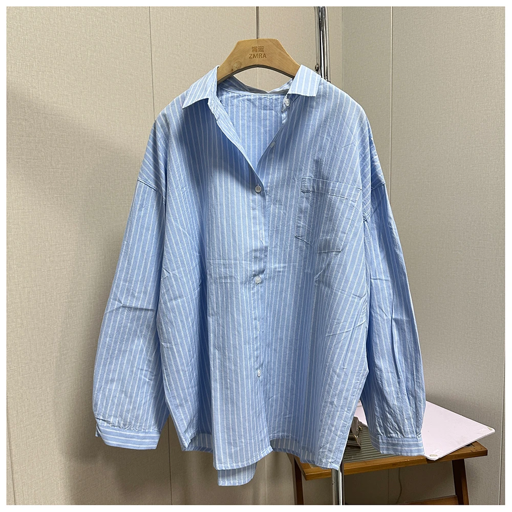 1C009春季新款宽松翻领长袖女士休闲条纹衬衫