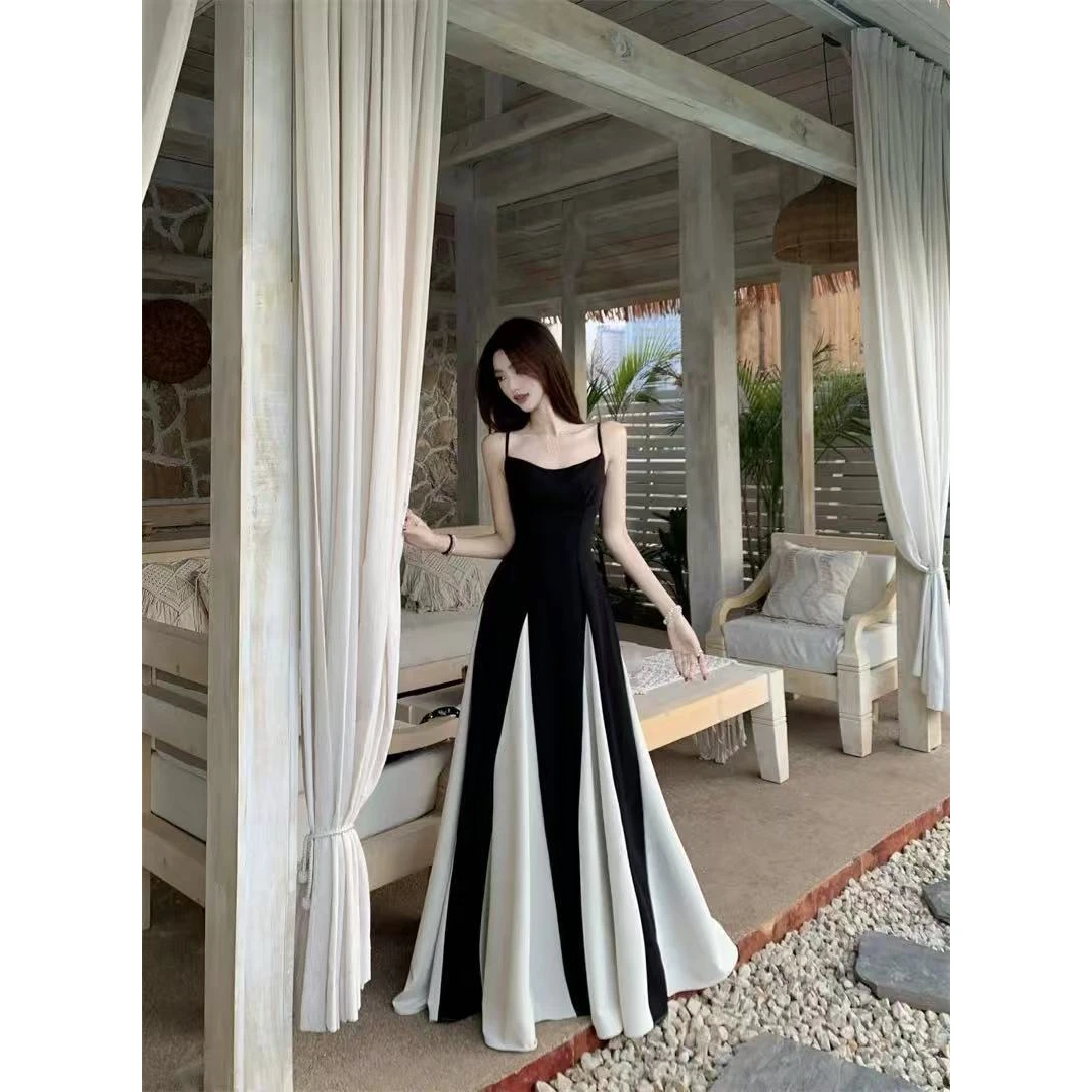 法式拼接撞色吊带连衣裙女装夏季设计感收腰a字裙子大摆拖地长裙