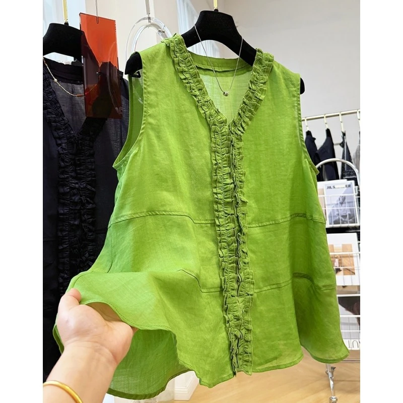 00797高级感重工木耳边马甲背心女夏季外穿超好看无袖坎肩V领上衣