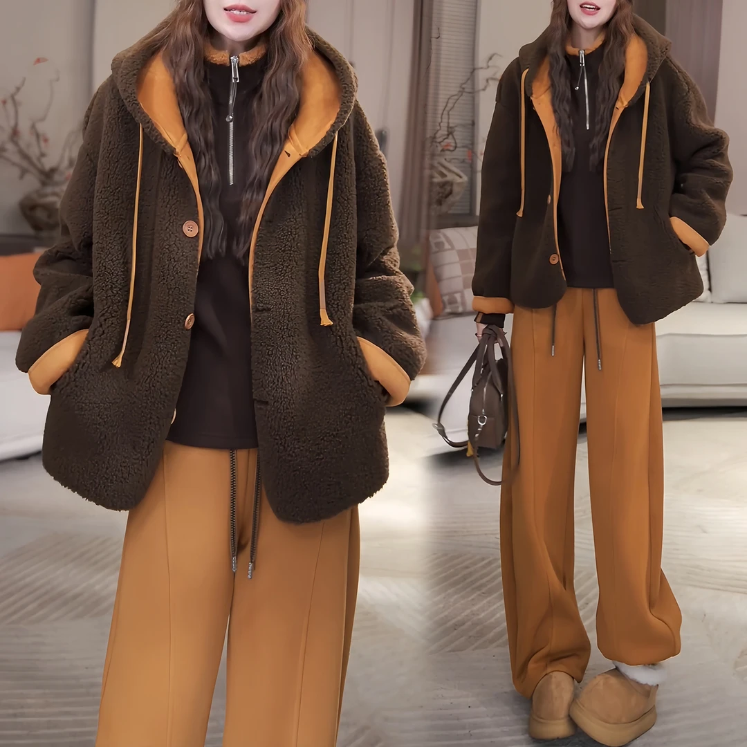 官图 韩版时尚套装2025冬季款撞色连帽加厚长袖外套休闲裤两件套
