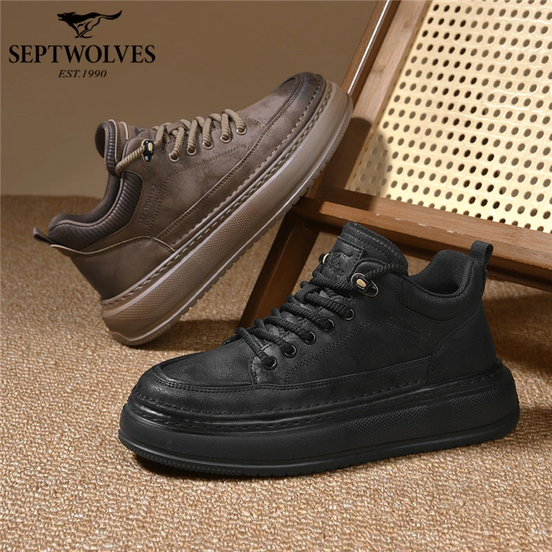 七匹狼男鞋秋冬季复古百搭时尚痞帅皮鞋男士黑色厚底防滑休闲鞋