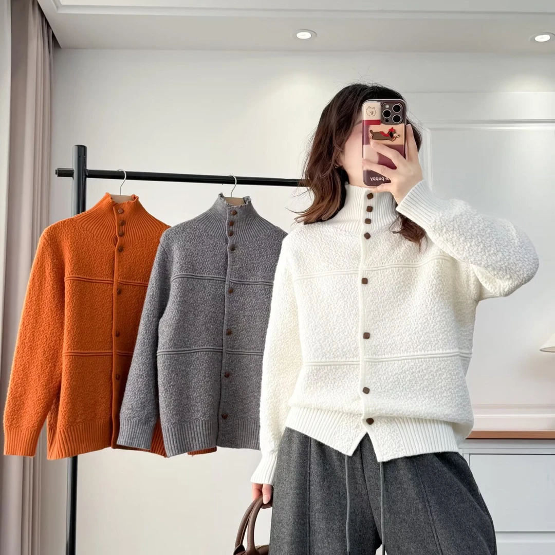 大码胖mm韩系慵懒风立领针织毛衣女秋冬新款百搭高级开衫外套717