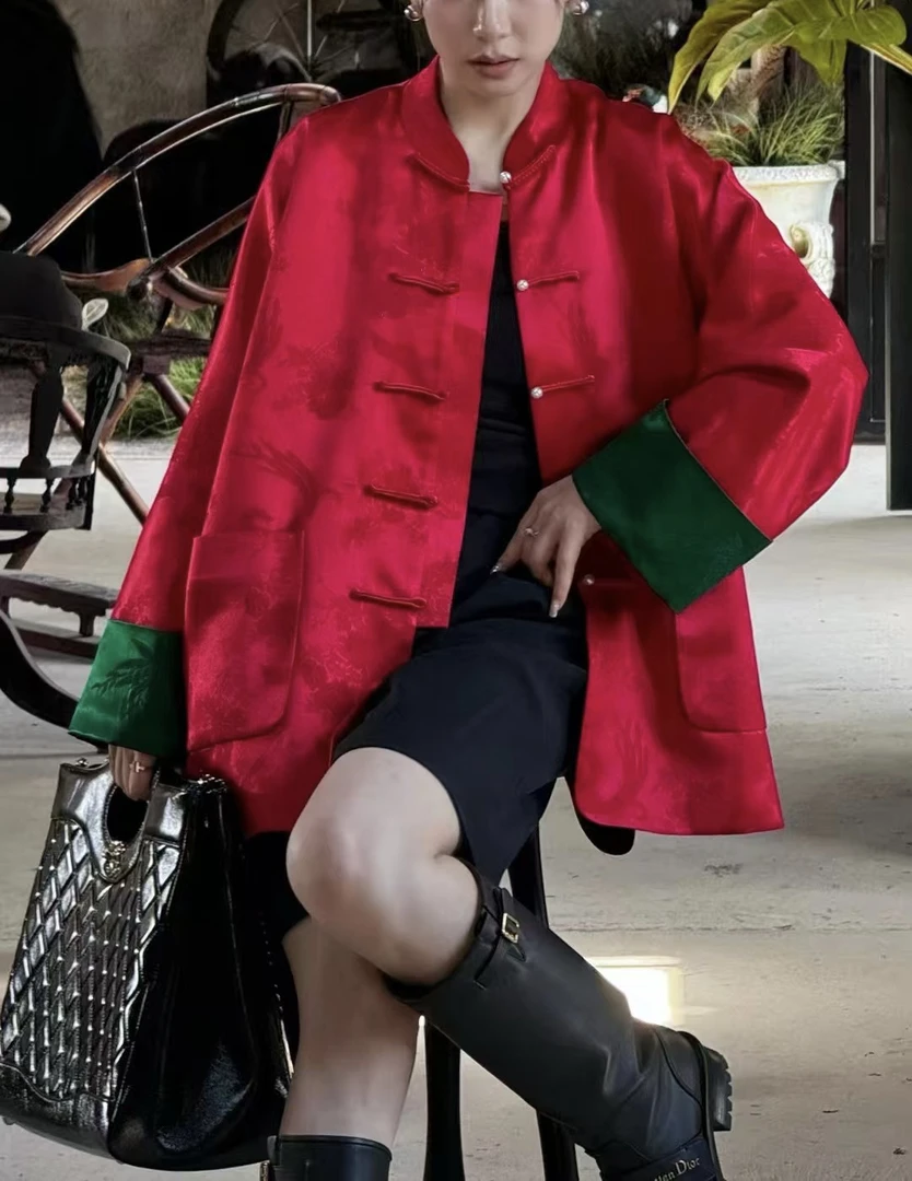 玛薇丝【花红柳绿】红色提花撞绿外套