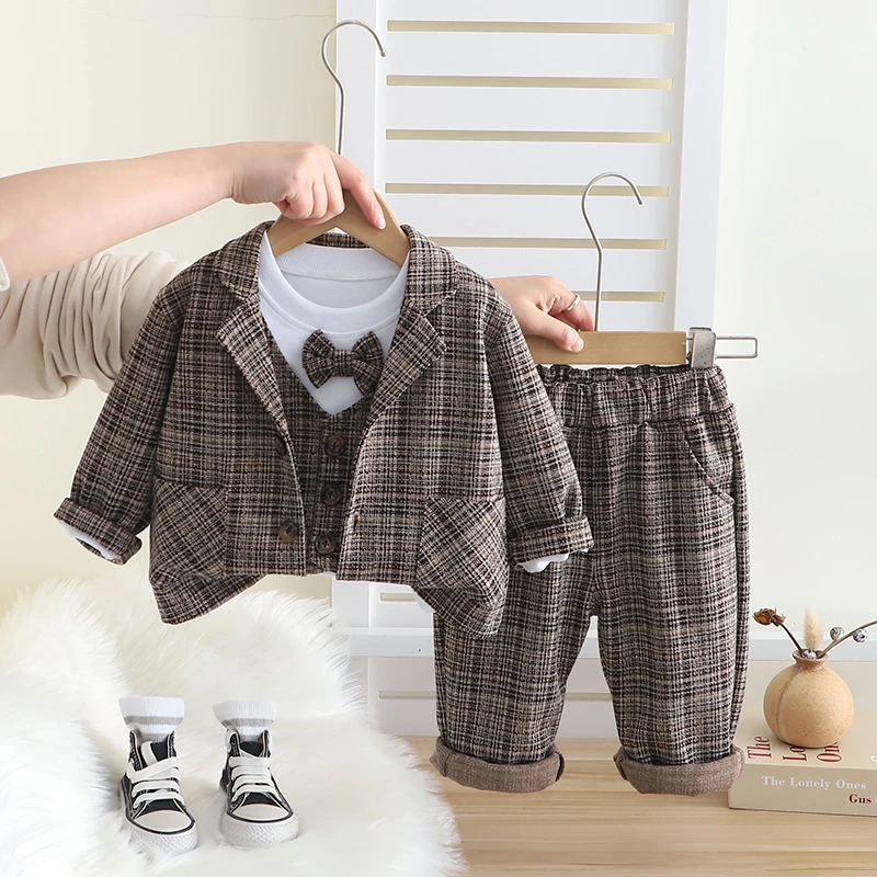 外贸2025男童宝宝衣服潮流小格子三件套童装男宝宝洋气批发