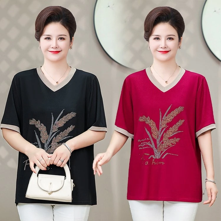 母亲节中老年女装夏季新款时尚衣服V领宽松大码中老年减龄上衣