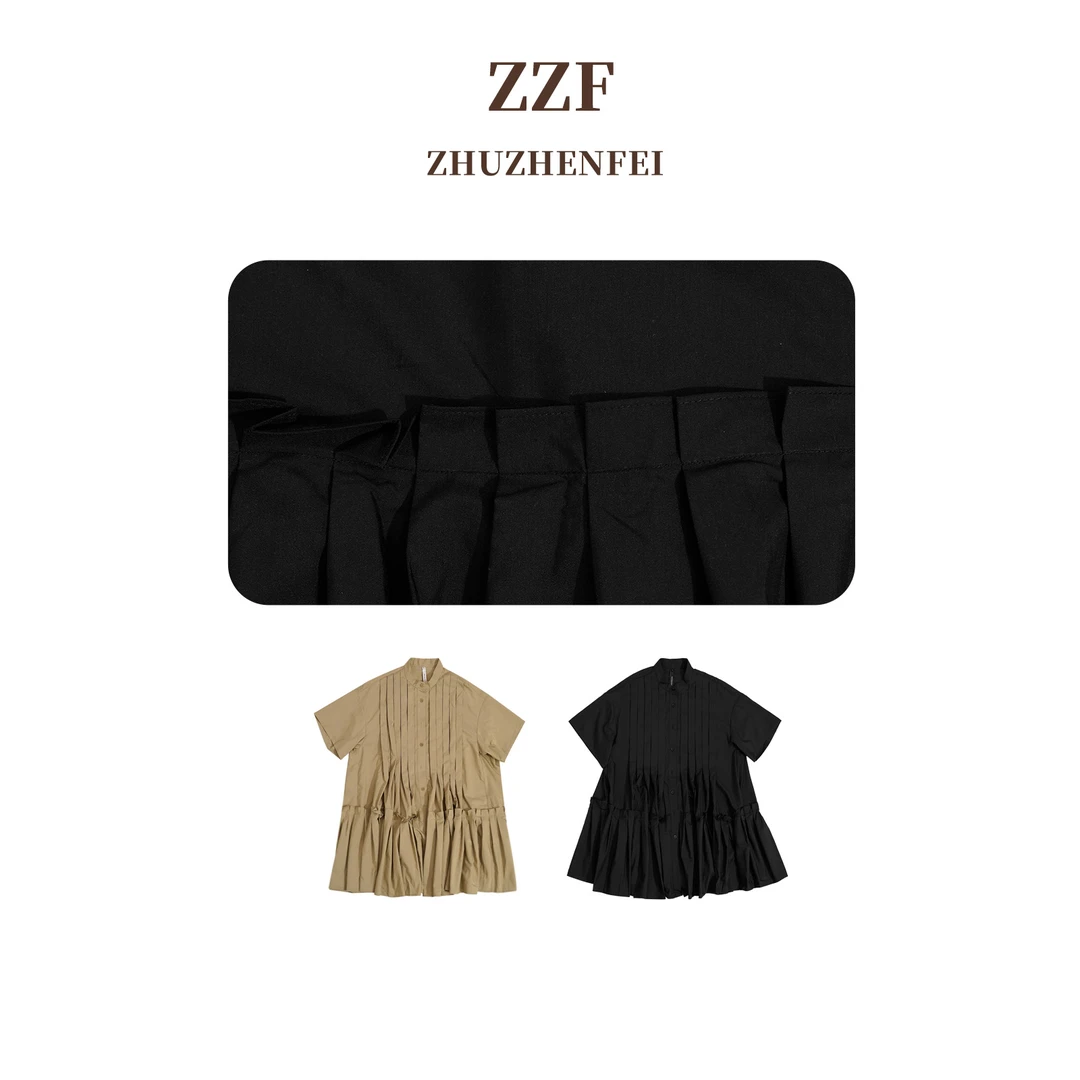 ZHUZHENFEI【几何褶皱】两色褶皱百褶显瘦个性衬衫连衣裙Z352108