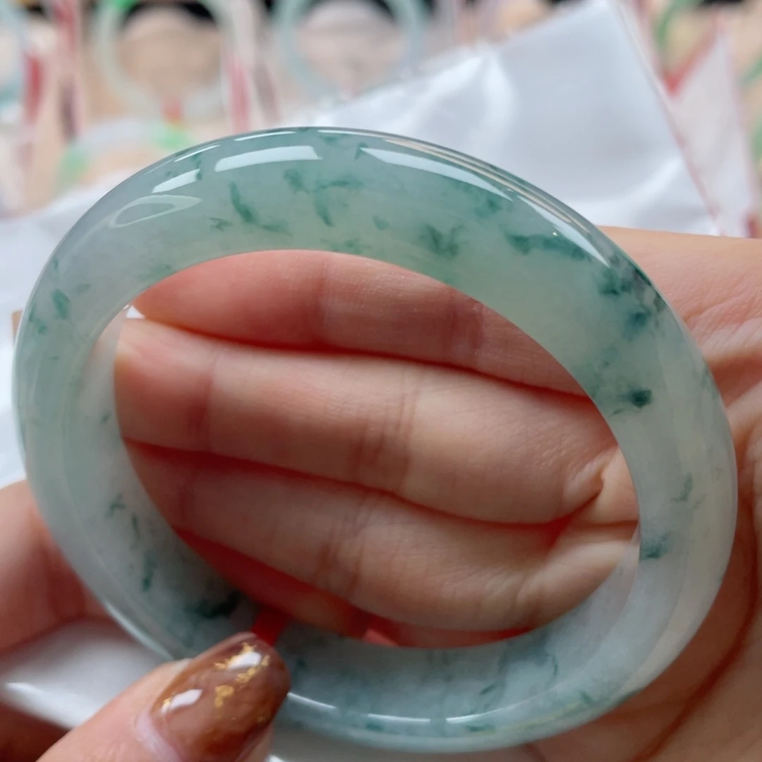 未镶嵌手镯翡翠59.5正圈 晴底飘绿花 悠然自得20号