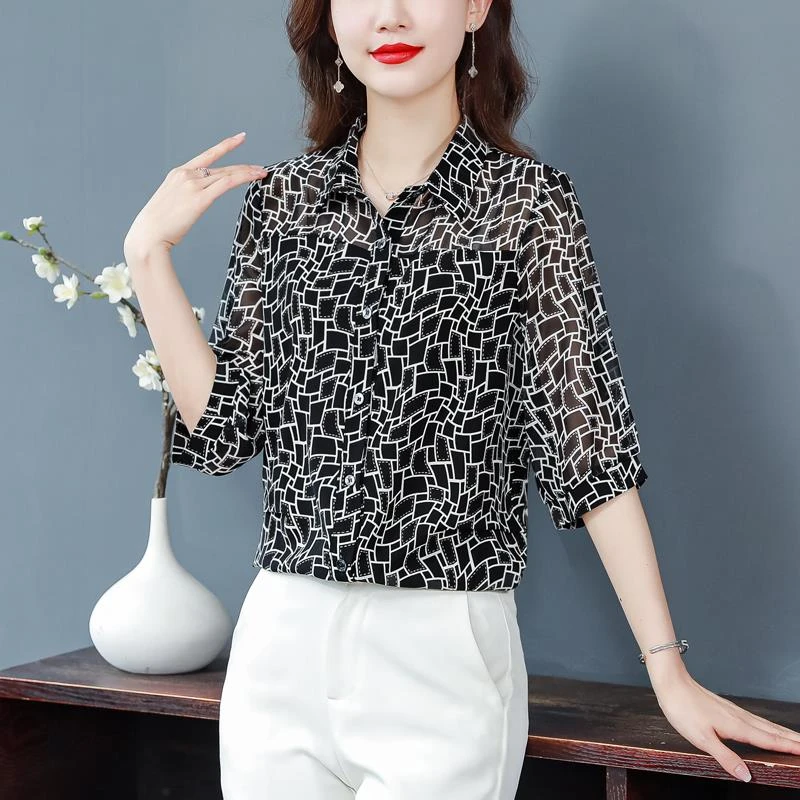 雪纺衬衫女士夏季2025年新款时尚高端气质小衫洋派时髦七分袖上衣