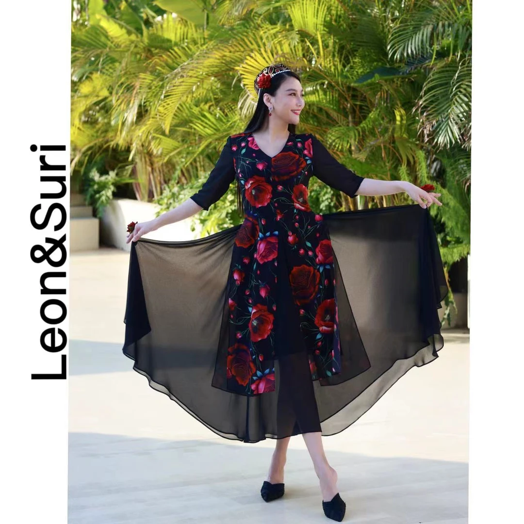 Leon&Suri“莺歌燕舞”复古新款高腰女装连衣裙显瘦修身印花连衣裙