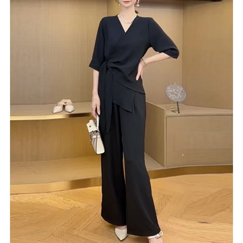 【茵姐推荐】时尚休闲百搭套装女夏季收腰显瘦上衣阔腿裤两件套0526