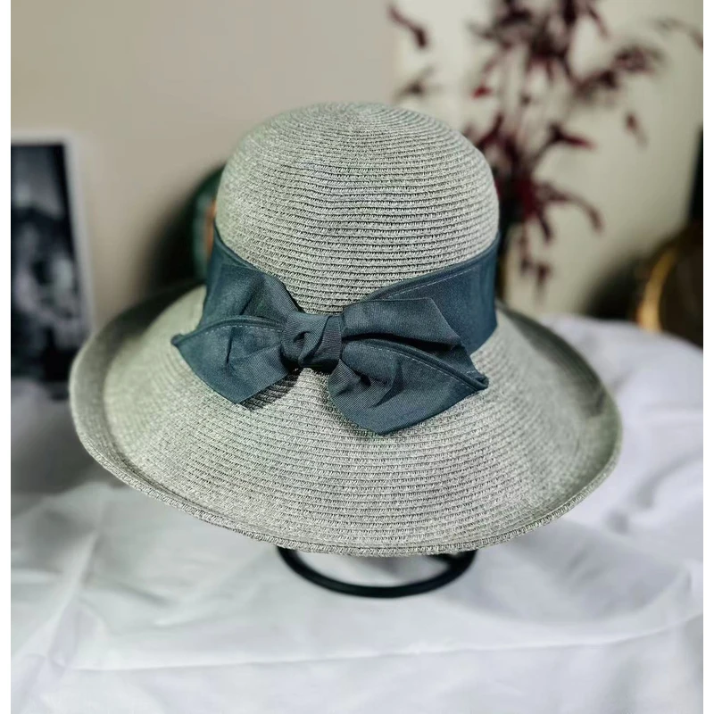 【雨薇】孙俪同款出口日本时尚大牌蝴蝶结UV超放紫外线草编渔夫帽