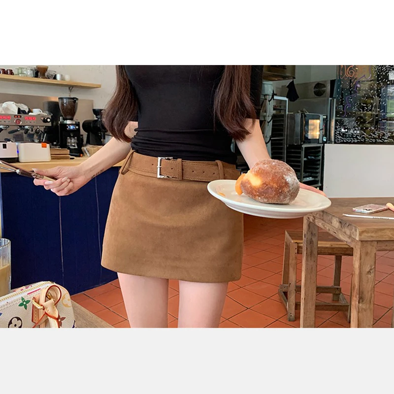 街头质感仿麂皮半身裙女气质辣妹时髦百搭高腰显瘦包臀短裙子