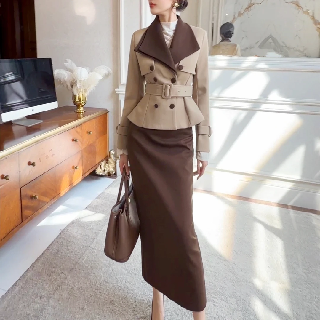 高端气质显瘦套装女大翻领西装上衣包臀裙两件套S-XL