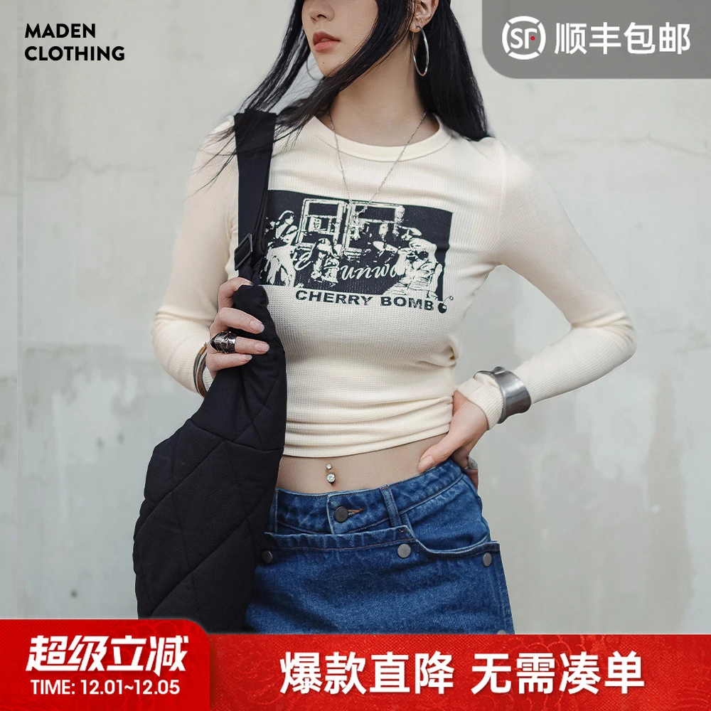 马登美式复古印花长袖T恤辣妹圆领修身显瘦上衣内搭打底衫秋季女