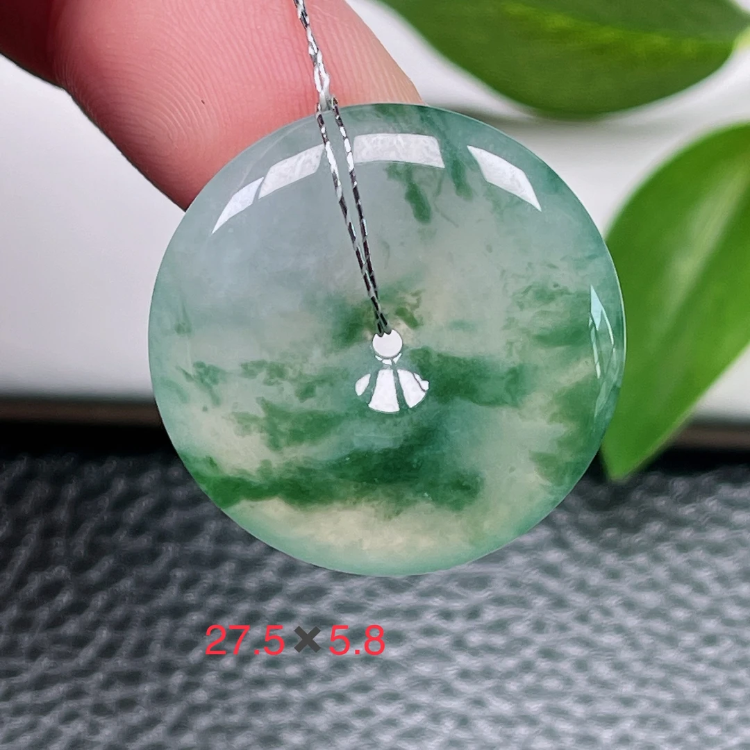 鑫诚天然翡翠A货～冰种飘绿花平安扣吊坠冰润意境男女款玉扣挂件72