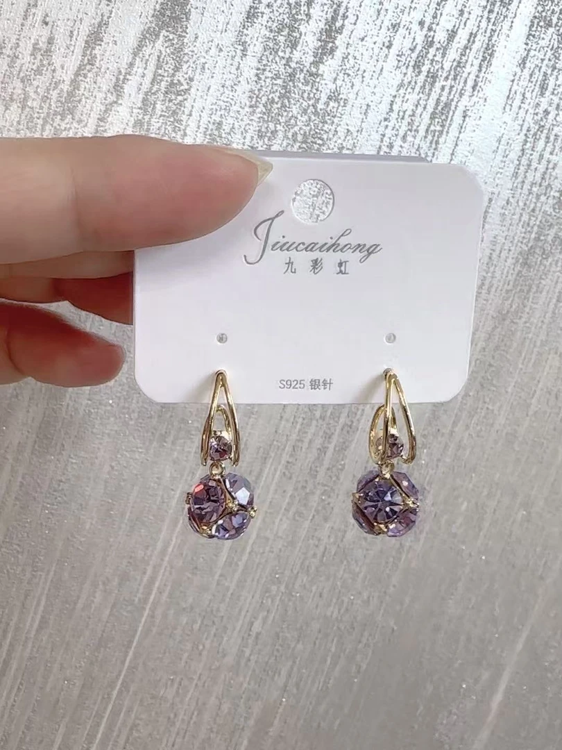 铜合金耳饰 超闪紫色钻球耳环爆款耳坠轻奢名媛气质高级感显脸瘦