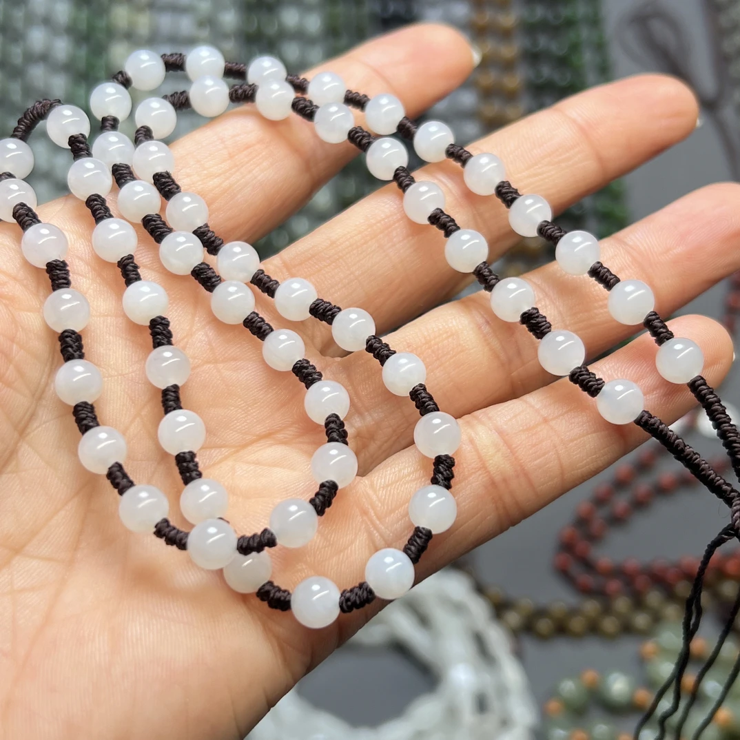 天然和田玉白玉圆珠卡6左右手工编织颈饰挂件链子