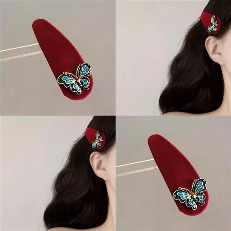 新年复古高级感丝绒滴油蝴蝶水滴发夹小众设计刘海bb夹发饰