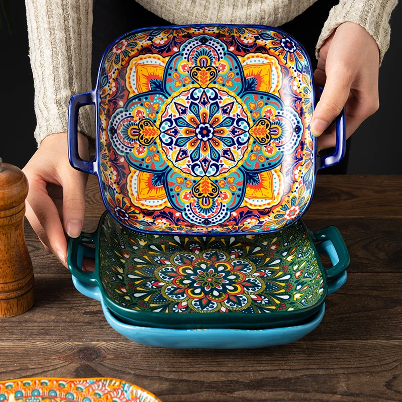 波西米亚陶瓷双耳方盘好看的菜盘子家用高颜值水果沙拉盘新款餐盘