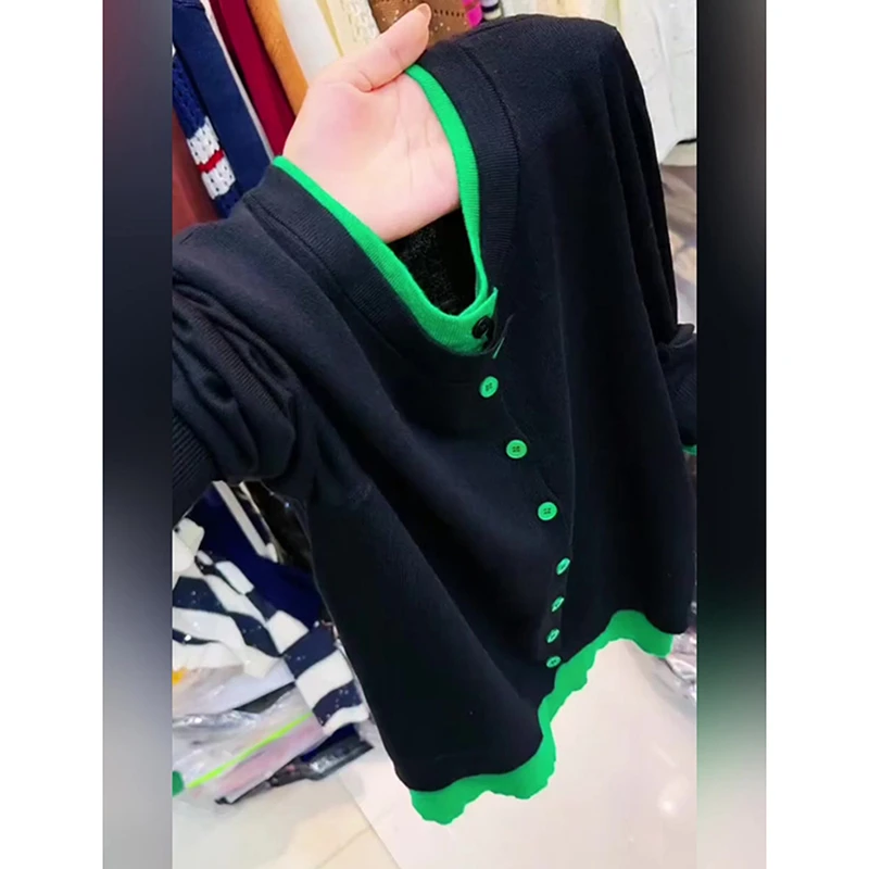 秋季新款撞色单排扣假两件针织衫女大码小众设计感休闲百搭上衣