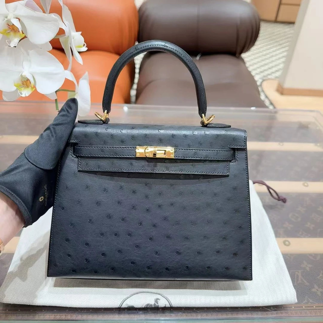 99新 Hermes/爱马仕 kelly 25 黑金 鸵鸟皮 Z刻！全网唯一