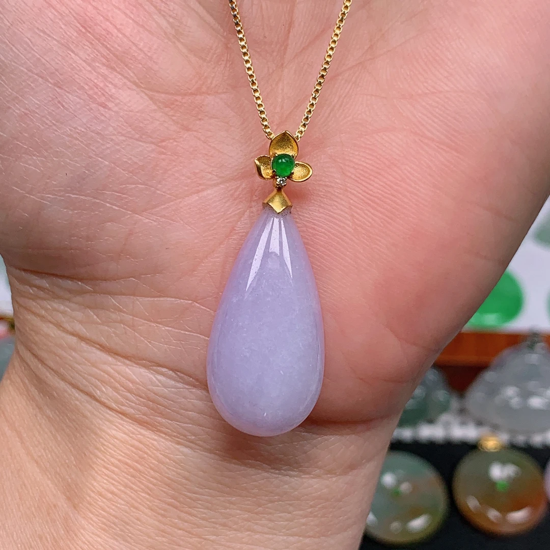 缅甸天然翡翠A货 18K金镶紫罗兰水滴吊坠9/220尺寸29x13.2x6.7