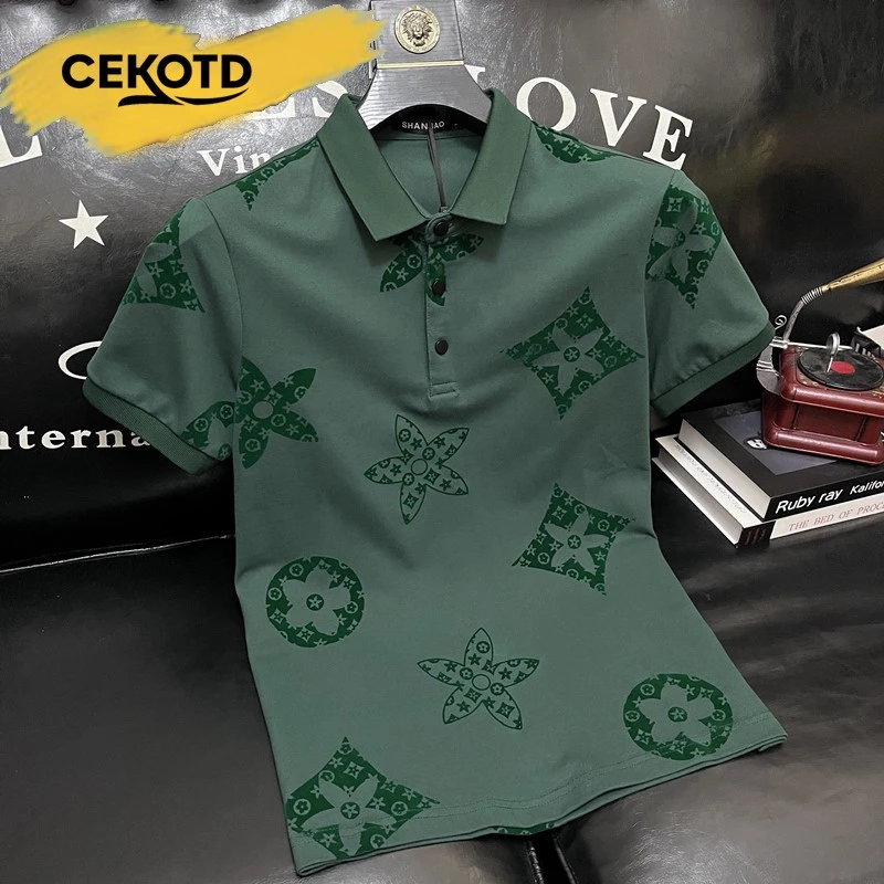 欧洲站潮牌翻领短袖POLO衫男士2025夏季新款修身植绒印花带领t恤