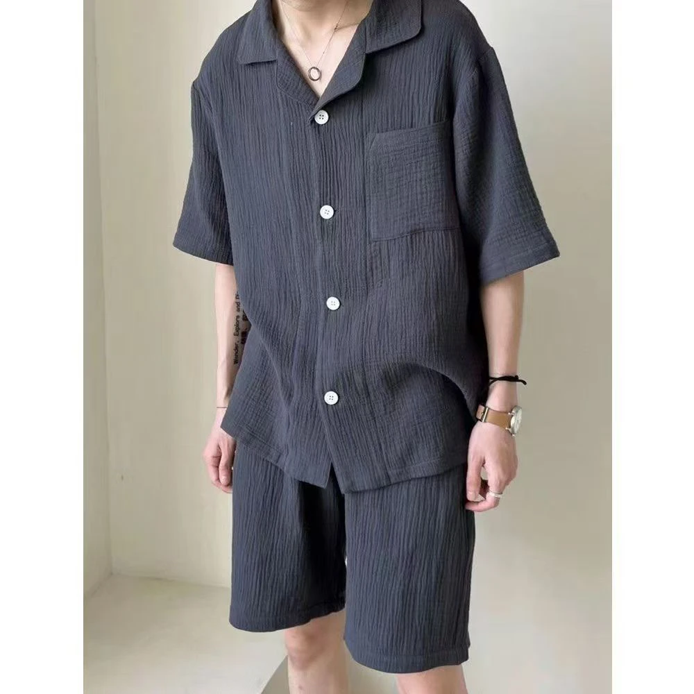 男士夏季条纹短袖短裤纯棉简约灰色系休闲宽松睡衣套装