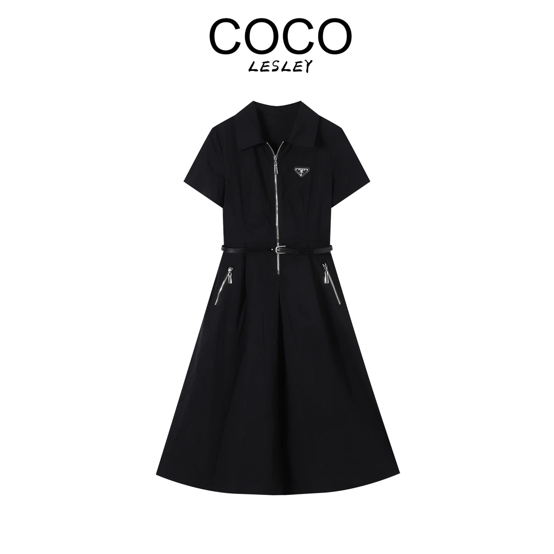 【COCO LESLEY】简约时尚翻领收腰半拉链气质短袖连衣裙 HRYCL1667