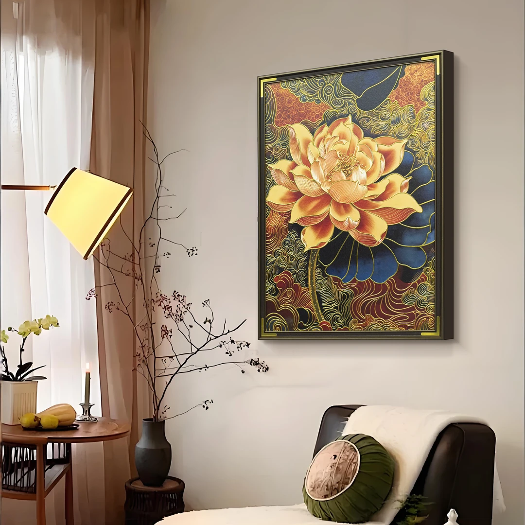 复古风格金莲花高级感皮革描金画餐厅书房床头装饰摆台画睡莲5070