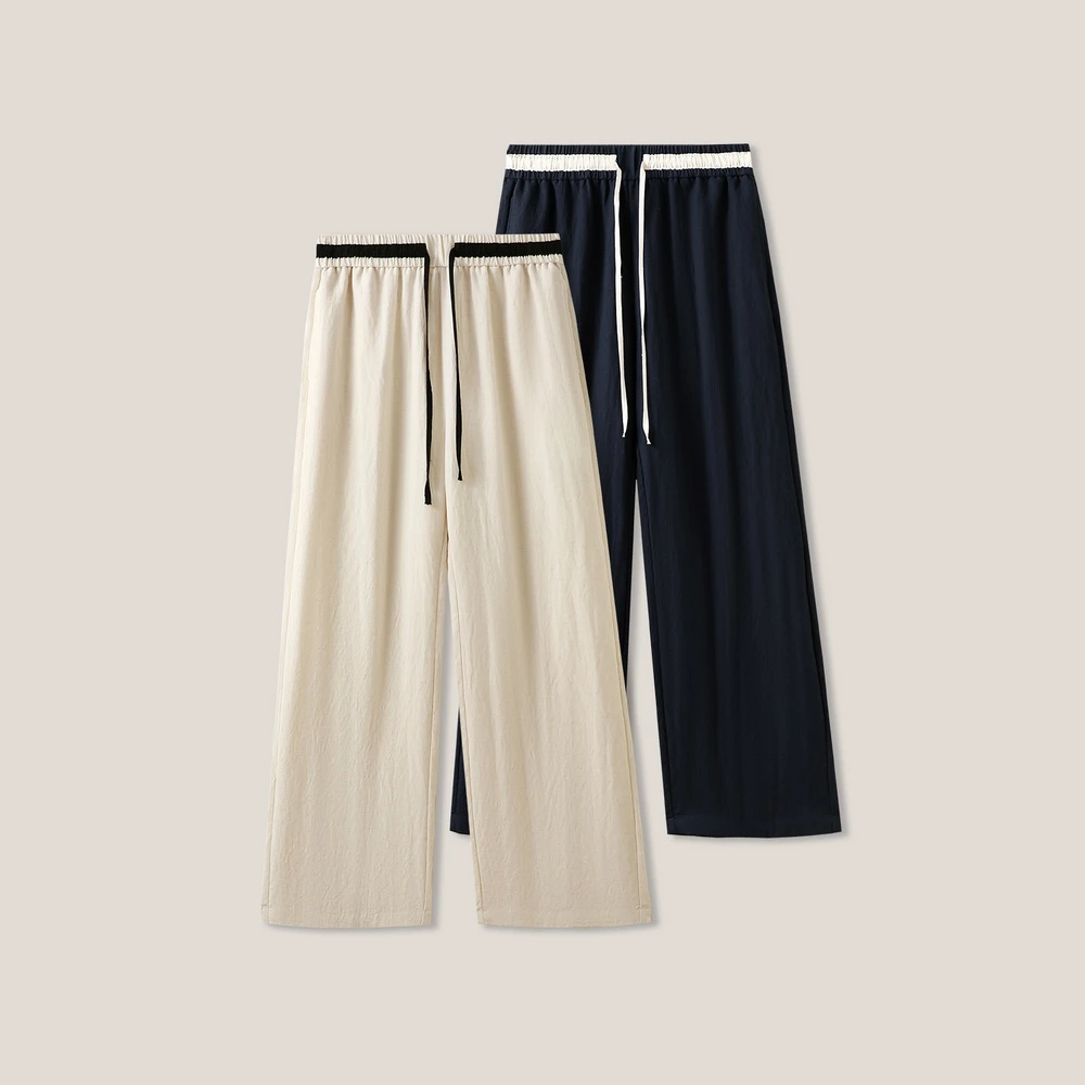 小慧 百搭抽绳松紧腰简约亚麻撞色直筒休闲裤SS26145
