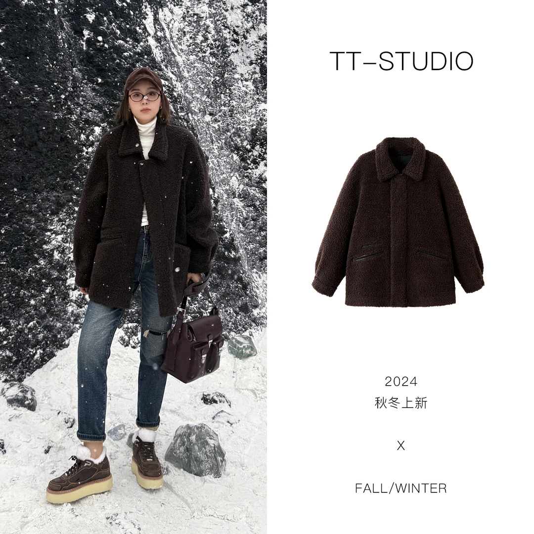 TT【大考拉】澳洲进口芭莎卷纯羊毛皮草翻领颗粒毛冬季外套LZ24428