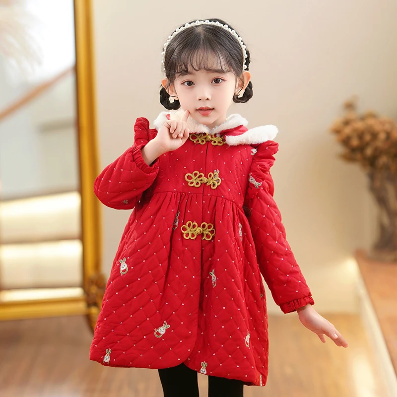 YM女童连衣裙秋冬爆款两件套儿童红色拜年服国风长袖童装女童裙