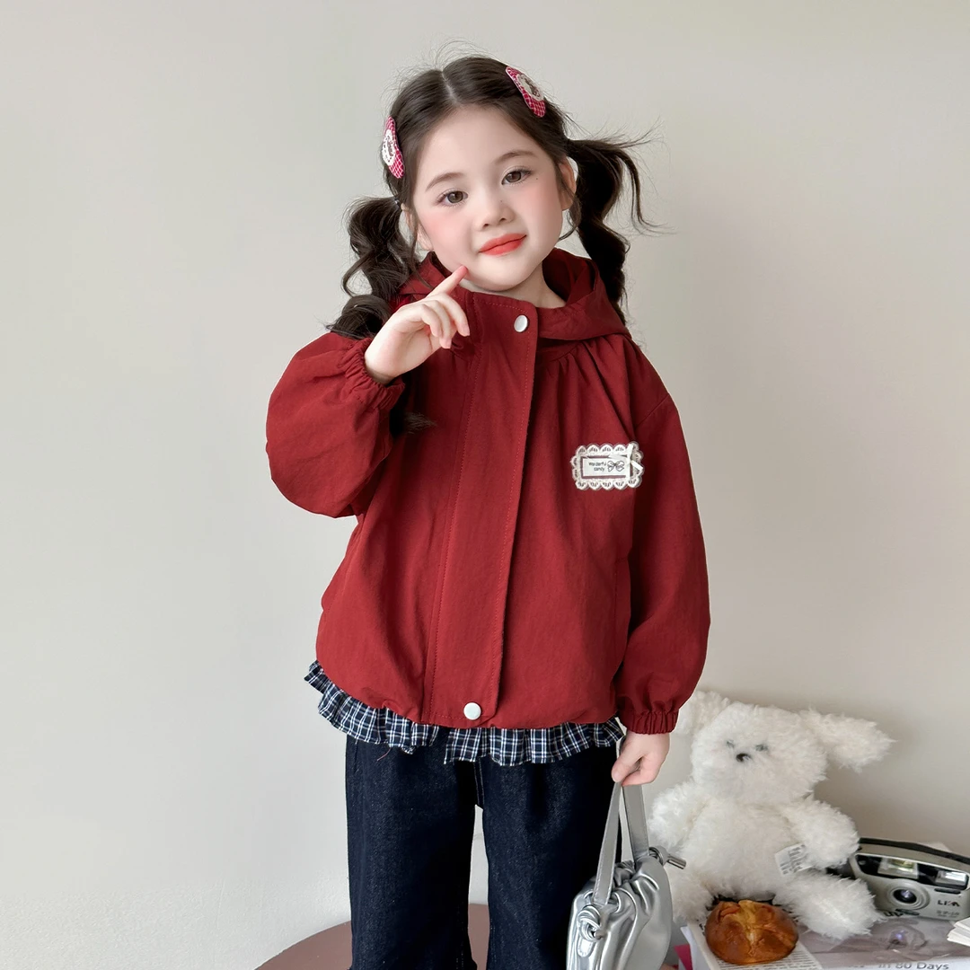 女童外套春秋季2025新款儿童女宝宝洋气时髦格子拼接连帽上衣秋装