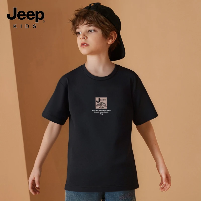 jeep童装夏季男童女童圆领T恤休闲宽松薄款中大儿童印花透气短袖