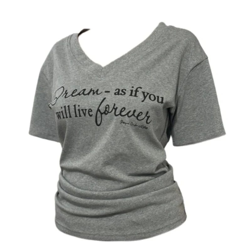 大码字母v领短袖t恤女2025新款夏季胖mm遮肉显瘦辣妹掐腰休闲上衣