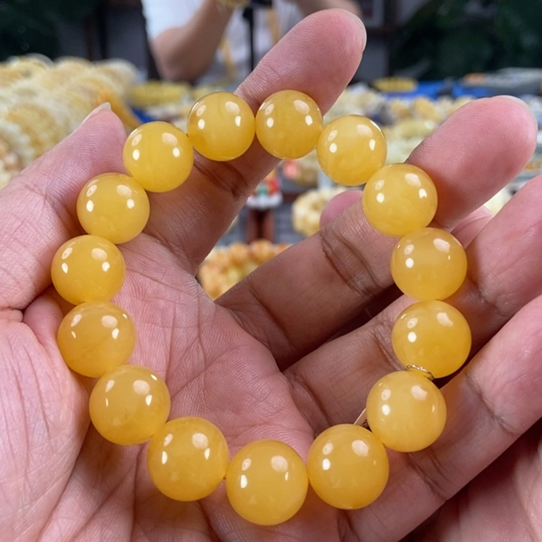 琥珀未镶嵌珠宝奇石14鸡油黄蜜蜡手串24.2