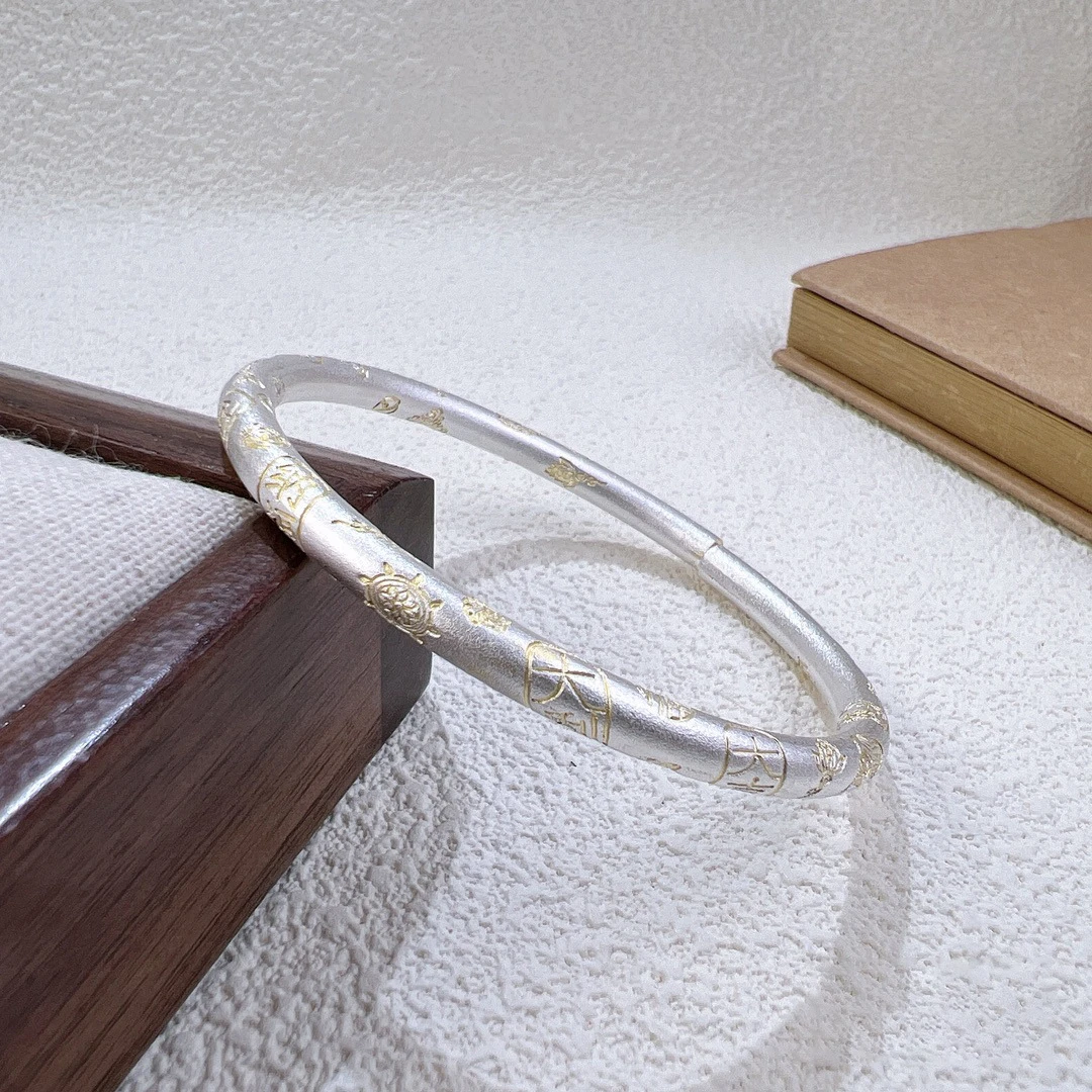 足银手镯 吉言手镯描金精美复 百搭100%纯银9999手镯磨砂纯银手镯