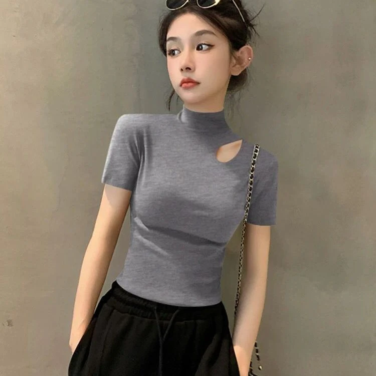 2025新款螺纹显瘦半高领镂空短袖t恤女春夏打底衫内搭设计感上衣