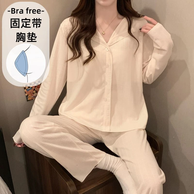 春秋季2025睡衣女长袖公主风纯色带胸垫新款大码夏学生家居服套装
