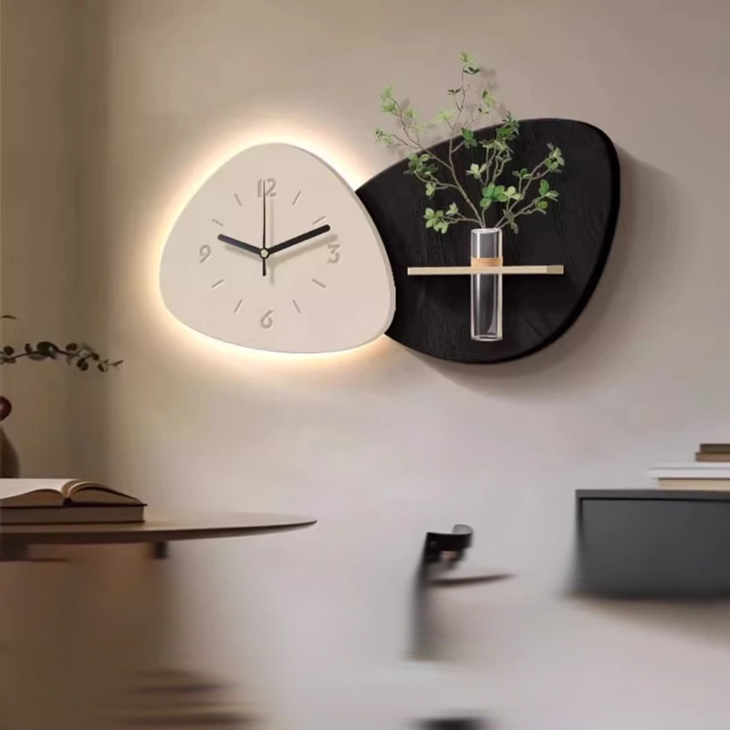 餐厅装饰画带钟表简约抽象水培绿植餐桌背景精雕晶瓷挂钟挂画